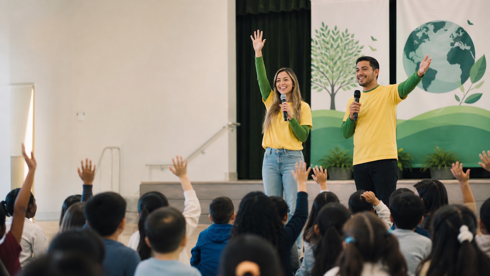 Presenter leading an elementary school sustainability assembly